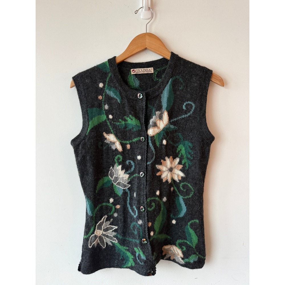 Texdisa Alpaca Wool Floral Cardigan Vest Gray Handmade Cusco Peru Small